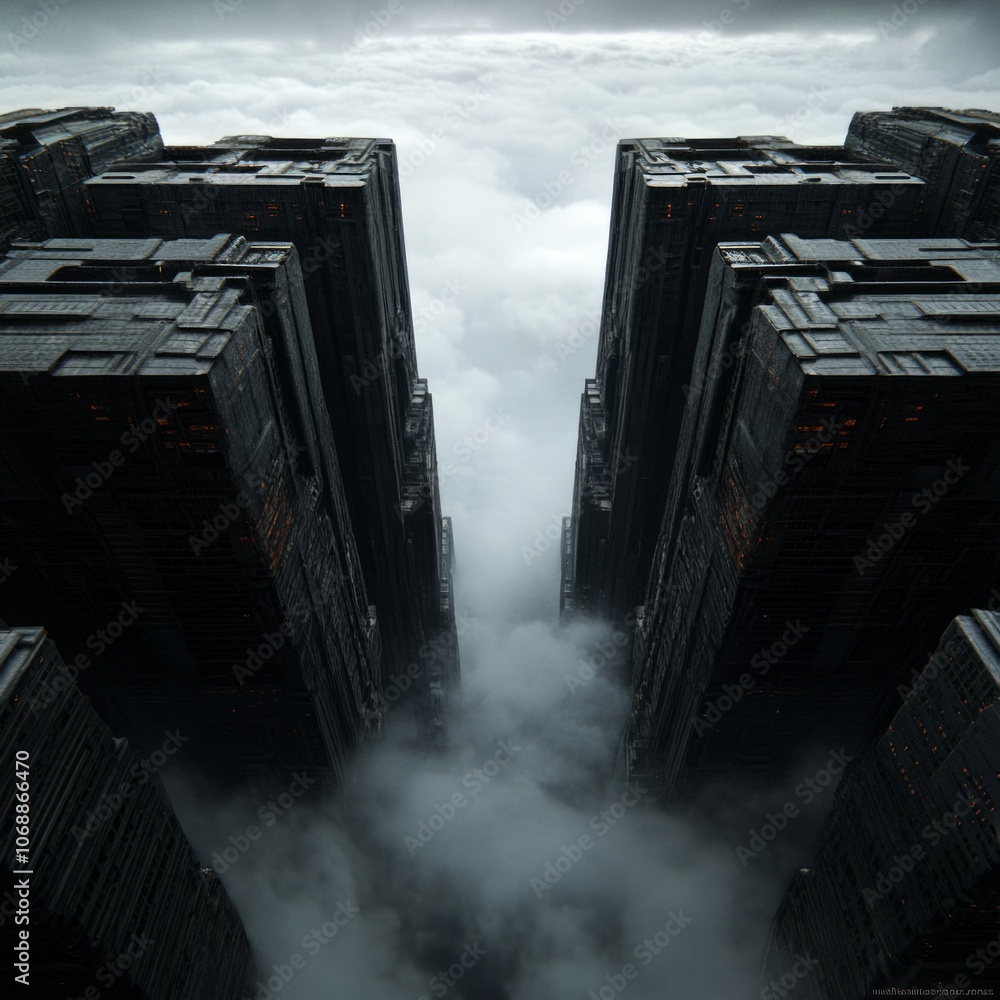 Poster two symmetrical towering structures rise above a dense fog, creating a futuristic and ominous landsc