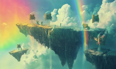 Fototapeta premium Floating islands with vehicles and rainbow.