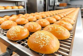 Baked buns in an industrial food chain golden sesame seeds manufacturing delicious food