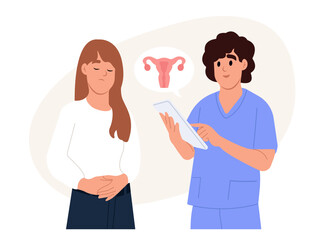 Painful female periods concept. A black family doctor talks to a patient A woman is standing and suffering from menstrual abdominal pain. Endometriosis Awareness Month.