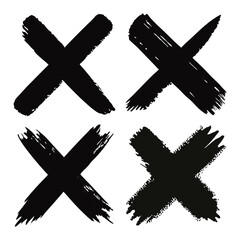 Vector of detailed black brushstroke crosses featuring a variety of textures, a set of black and white grunge X symbols and crosses, with realistic brush outlines and icons.