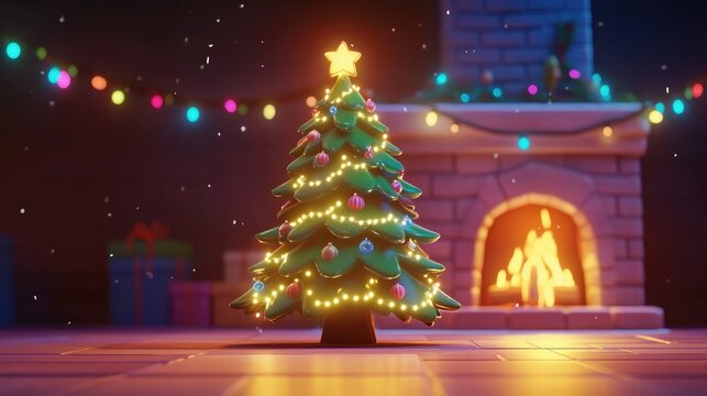 Festive Christmas tree adorned with sparkling lights near a cozy burning fireplace perfect for holiday advertisements template