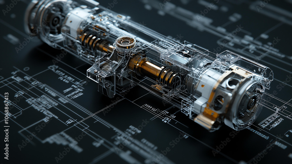 Poster detailed mechanical blueprint featuring robotic hinge with gears and components, showcasing intricat