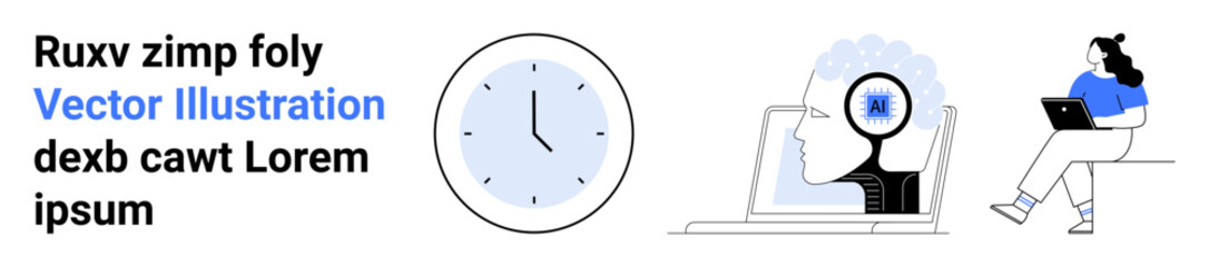 Clock, digital head with gears, woman with laptop. Ideal for education, technology, productivity, time management, innovation, online learning, remote work Landing page