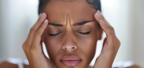 Fototapeta premium Close-up of a woman experiencing stress, touching her temples with a pained expression, on a blurred background.
