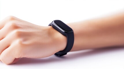 Close-up of a smart fitness tracker worn on a wrist, showcasing sleek design and functionality. Ideal for health and technology enthusiasts.