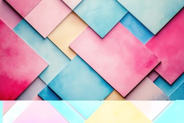 Abstract background of overlapping pastel colored squares.