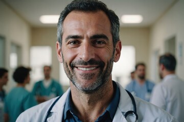 Obraz premium Close portrait of a smiling 40s Israeli man doctor looking at the camera, Israeli hospital blurred background