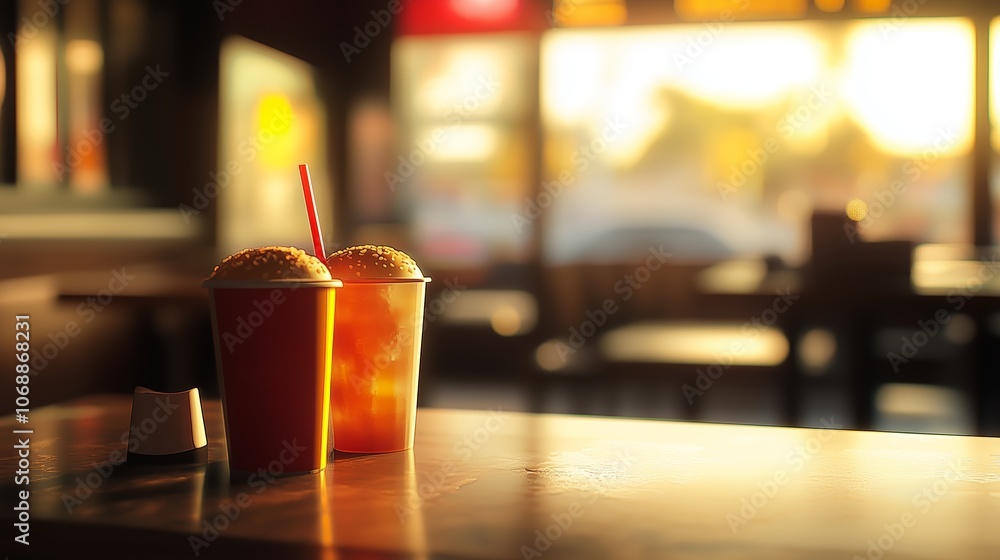 Poster two colorful drinks with foam sitting on a table in a brightly lit café during golden hour, creating