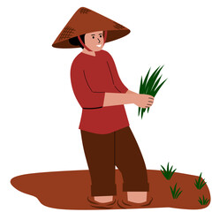 Farmer wearing straw hat planting rice