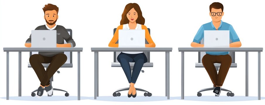 Three young professionals sitting at a table in an office, engaging in conversation while working on laptops, minimal design with simple shapes, white background