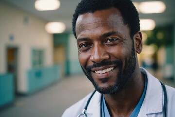 Obraz premium Close portrait of a smiling 40s Jamaican man doctor looking at the camera, Jamaican hospital blurred background