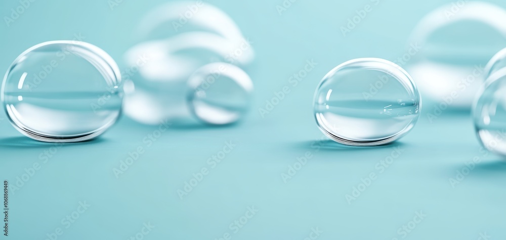 Poster Transparent bubbles on a soft blue background, showcasing reflections and light play, perfect for backgrounds or design elements.
