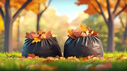 Large black plastic bags filled with fallen leaves promoting eco friendly waste disposal and natural gardening solutions