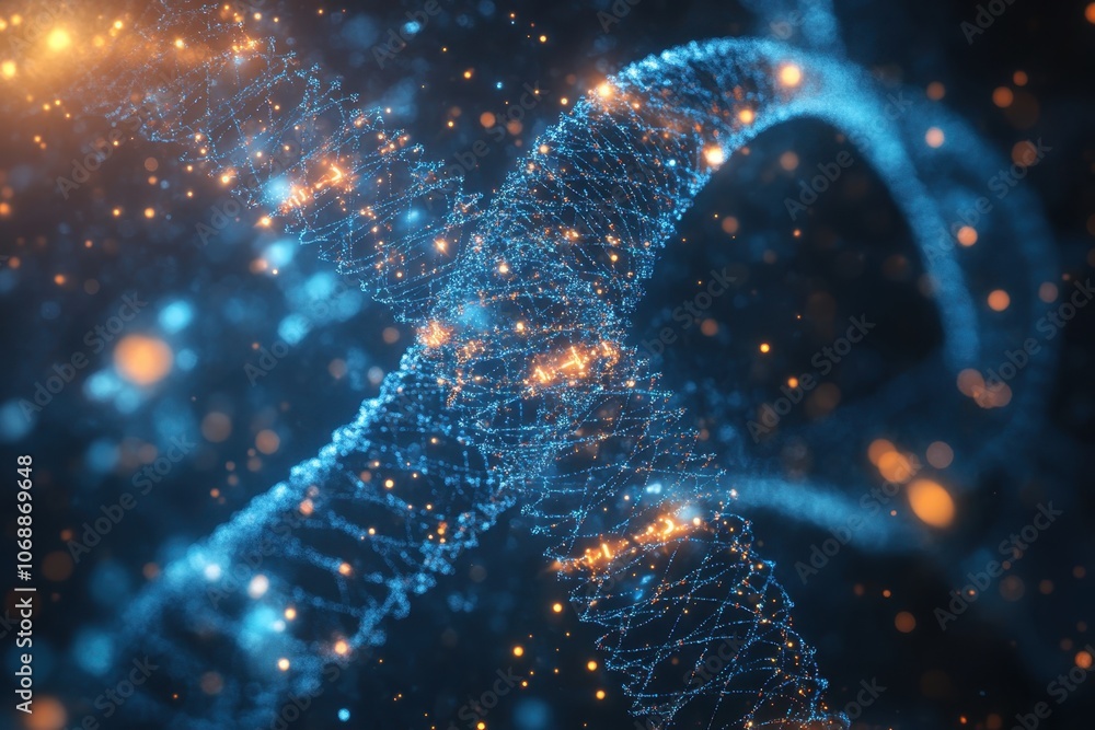 Poster a close-up view of a glowing dna helix structure with vibrant particles in a dark background