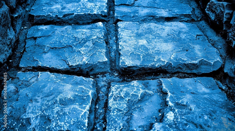 Poster a close-up view of textured stone pavement, showcasing a cool blue hue, with visible cracks and edge
