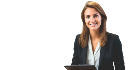Positive business lady using digital tablet on transparent background PNG. 

