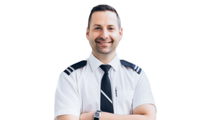 Portrait of smiling male train driver standing on transparent background PNG.

