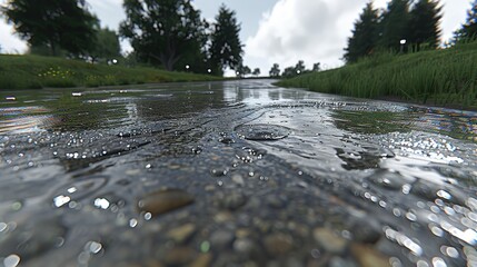 Fototapeta premium A tranquil riverscape featuring a reflective water surface, pebbles beneath, surrounded by lush greenery and trees under a cloudy sky.