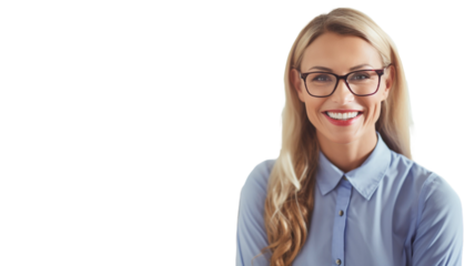 Happy caucasian young female looking at camera enjoying with a perfect white teeth on transparent background PNG.
