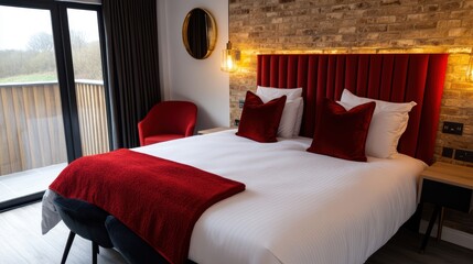 Luxury Suite with Balcony View: Indulge in the opulence of this modern hotel room, featuring a plush king-size bed, rich red accents, and a private balcony overlooking a serene landscape.