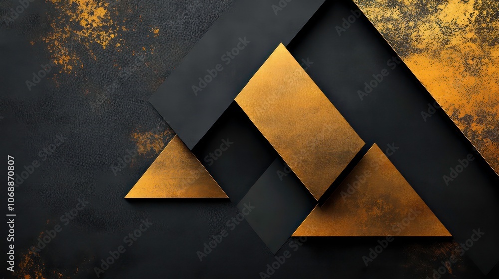 Poster abstract geometric design featuring gold and black shapes on a textured background.