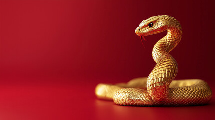 Fototapeta premium Chinese golden snake on red background, chinese new year 2025, year of the snake concept.Space for text.