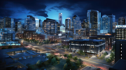 Naklejka premium Bustling City Life Under Twilight Glow