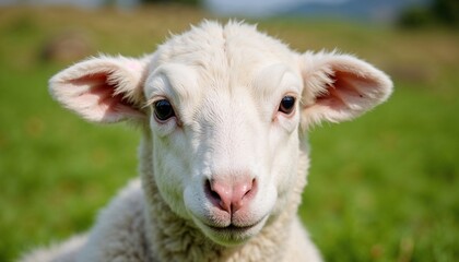 Obraz premium Close-up of young lamb's face in green pasture