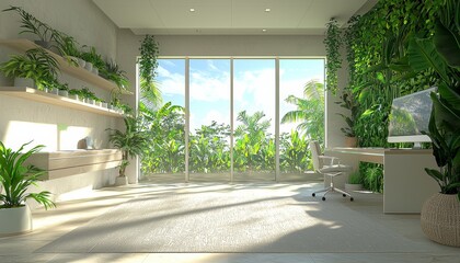 A bright, plant-filled room with modern decor, large windows, and natural light, creating a serene indoor atmosphere.