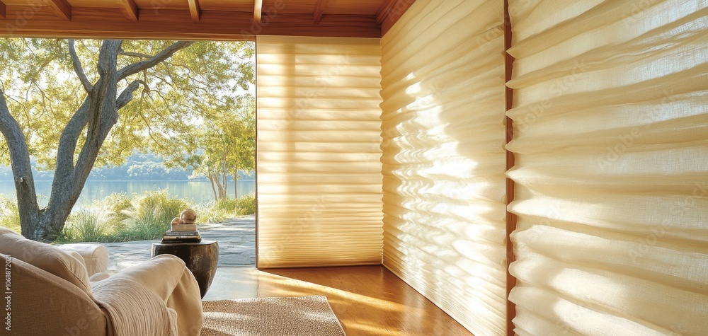 Aufkleber a serene interior space with soft light filtering through elegant window coverings, creating a tranq
