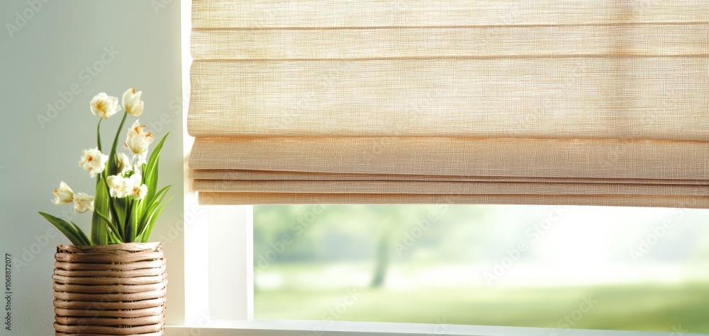 Aufkleber a serene indoor setting featuring a window with natural light filtering through soft, beige shades a