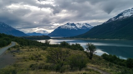 Fototapeta premium Snow-capped mountain range and serene lake with winding road under cloudy sky. Scenic nature landscape. Aerial view photography.