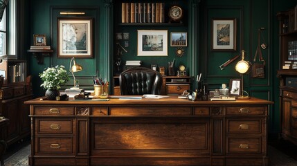 A sophisticated, vintage-inspired office featuring a dark wooden desk, plush armchair, decorative books, and warm lighting, set against a rich green backdrop.