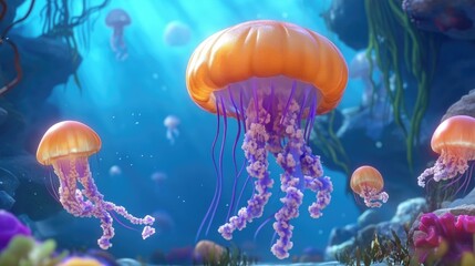 Giant jellyfish drifting gracefully alongside smaller companions in a vibrant ocean habitat
