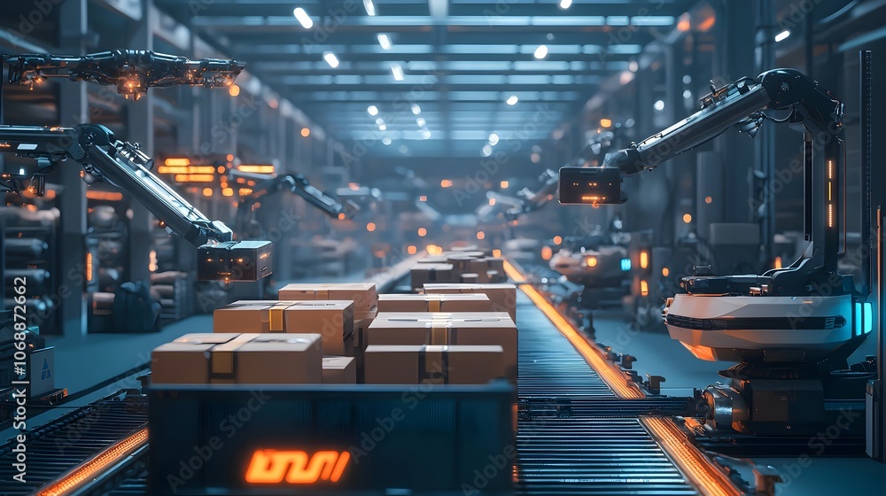 Poster futuristic robotic warehouse with synchronized conveyor system and autonomous drones sorting and tra