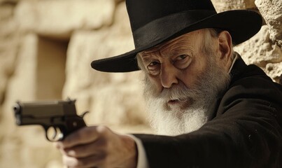 An elderly man in a hat points a gun.