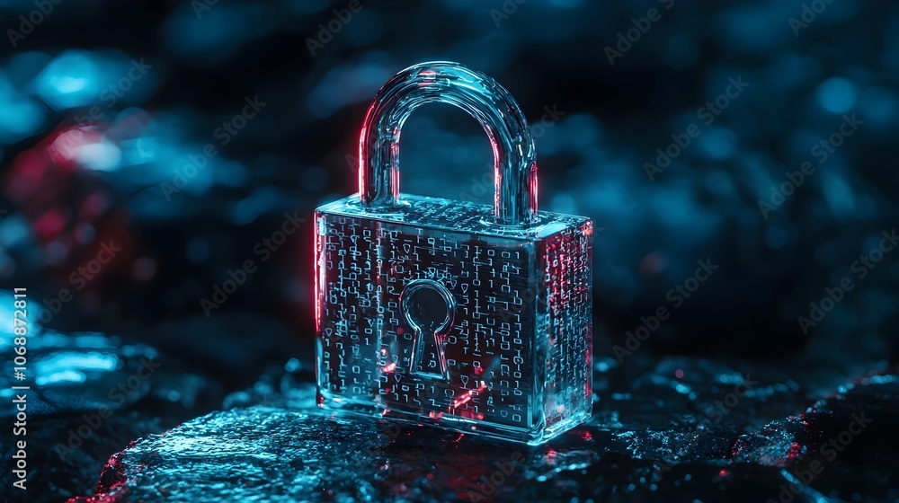Poster transparent glass padlock with floating binary code symbolizing fragile digital security