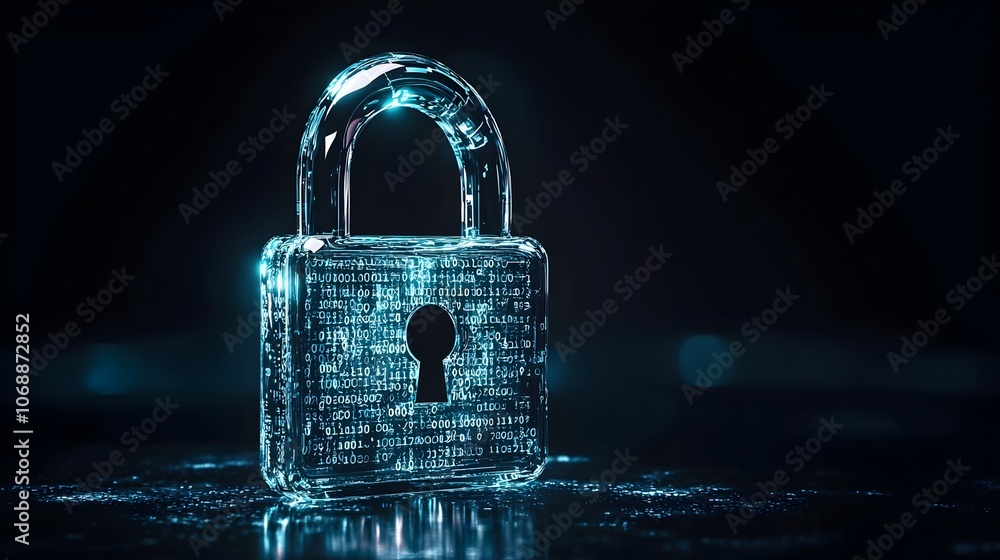 Poster transparent glass padlock icon filled with floating binary code symbolizing fragile digital security