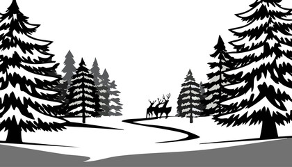 Fototapeta premium Christmas landscape with pine trees and reindeer