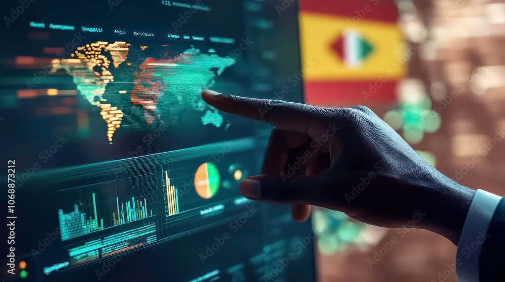 Poster A hand interacts with a digital world map and data visualizations on a screen.
