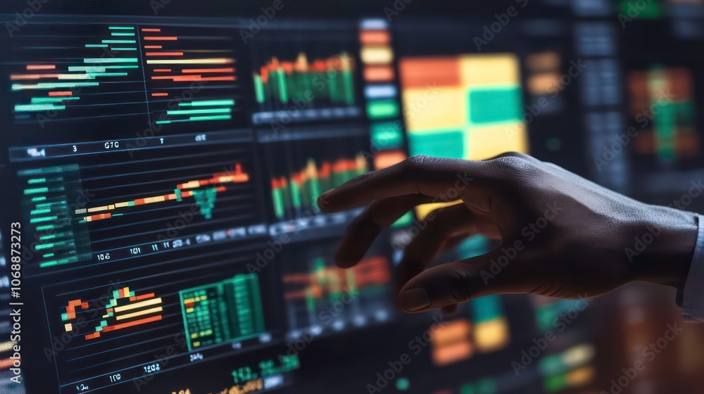 Poster A hand interacts with financial data on a digital screen displaying charts and metrics.