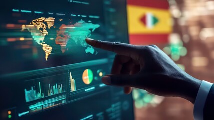 A hand interacts with a digital world map and data visualizations on a screen.