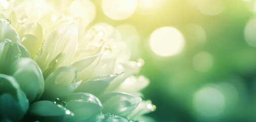 Obraz premium A close-up of delicate white petals glistening with dew, set against a blurred green backdrop, creating a serene and tranquil atmosphere.