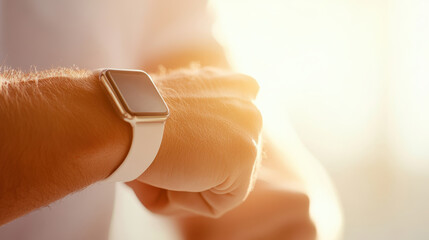 A close-up of a person's wrist wearing a modern smartwatch, showcasing features in a bright, sunlit environment.