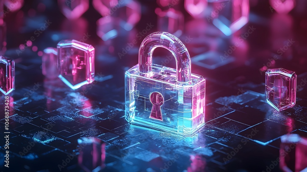 Poster glowing crystal padlock icon surrounded by floating holographic shields representing digital privacy