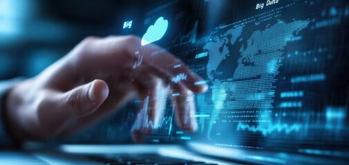 A close-up of a hand interacting with a digital interface, showcasing futuristic graphs and data visualization against a dynamic background.