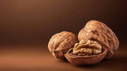 Three walnuts deep brown backdrop showcase their textured shells one nut broken open reveal creamy inner kernel beautifully lit accentuate their natural contours.