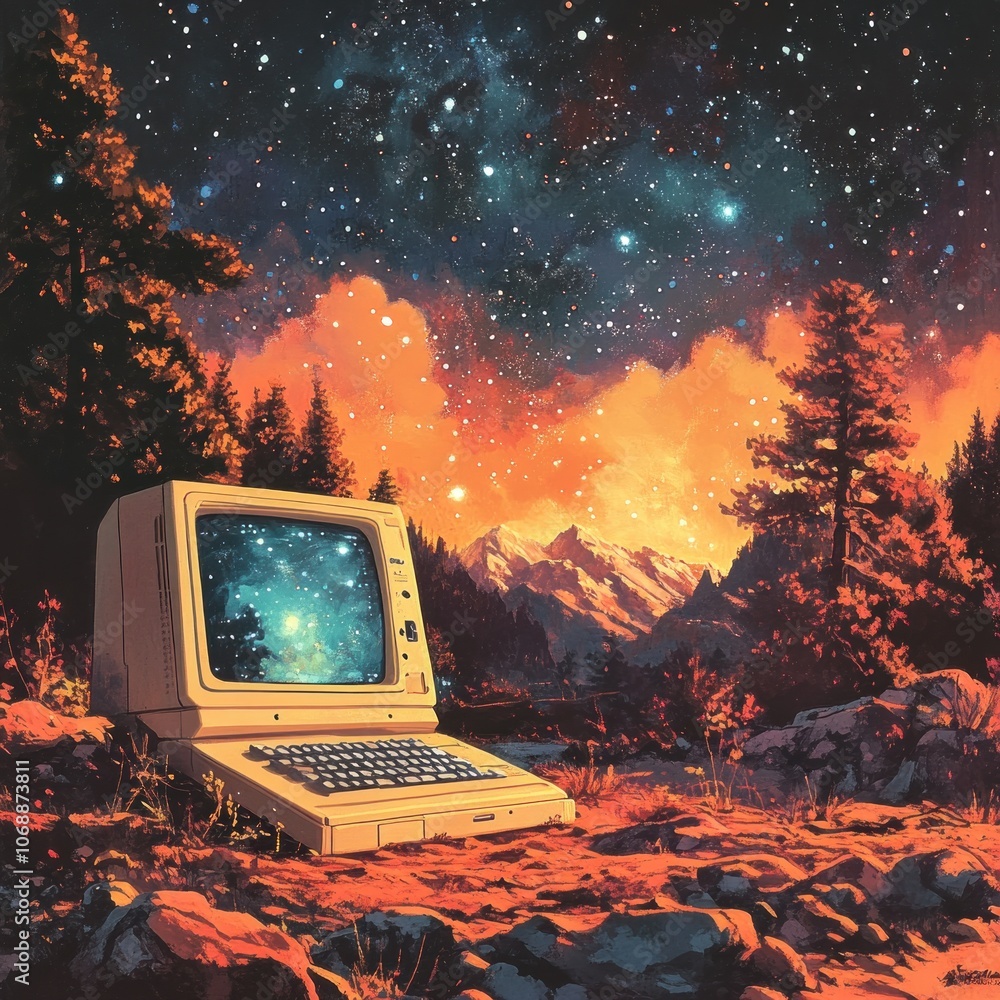 Poster a retro computer sits in a forest clearing, its screen displaying a starry night sky.