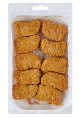 Crispy fried chicken in a clear plastic tray cut out isolated transparent background